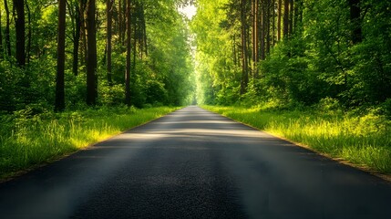 Obraz premium A paved road winds through a lush green forest with sunlight streaming through the trees.