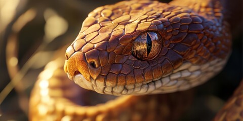 Fototapeta premium Detailed macro shot of a snake’s head with intricate patterns and fierce, focused eyes