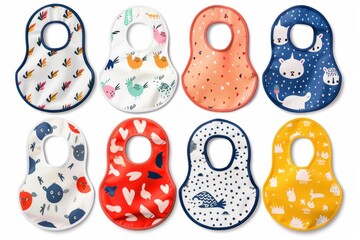 Eight colorful baby bibs with various patterns, isolated on white background.