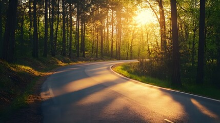Fototapeta premium A winding paved road through a lush green forest with the sun setting in the background.