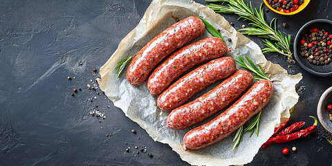 Fresh beef sausages on parchment paper with spices and rosemary, ready to grill