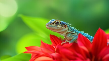 Fototapeta premium Small blue lizard is standing on a red flower with a green blurred background