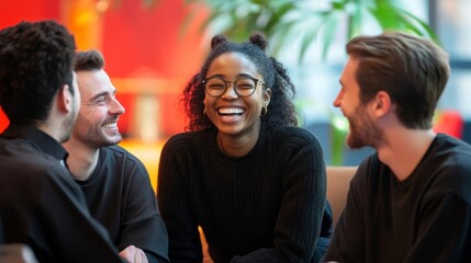 Diverse Team of Colleagues Sharing a Lighthearted Moment in a Contemporary Workplace Setting