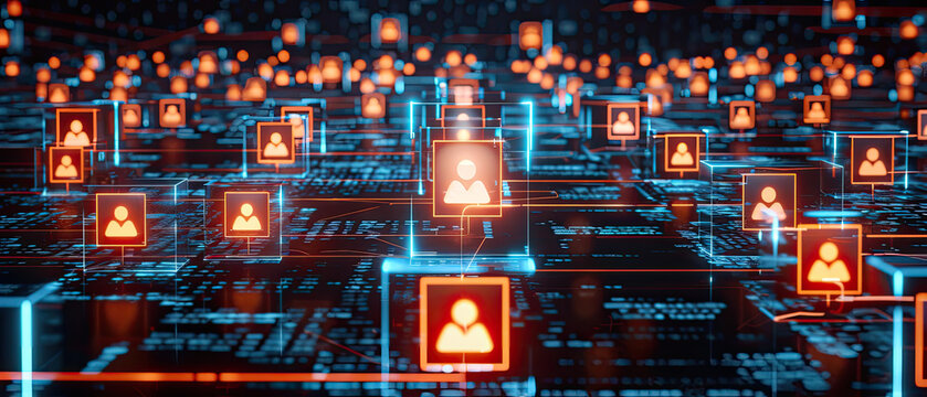 A computer screen with many people in orange boxes