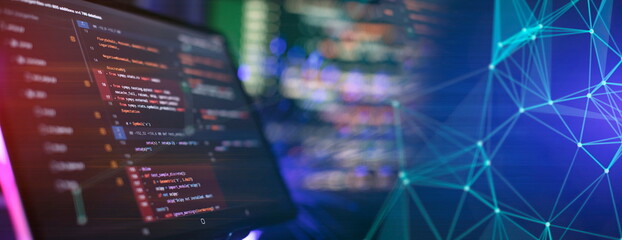 Technology background. Computer script. Programming code abstract screen of software developer.