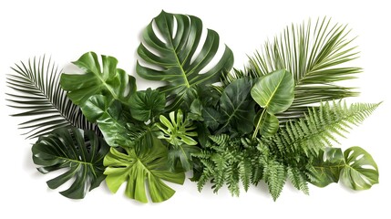 A collection of green tropical leaves arranged on a white background.