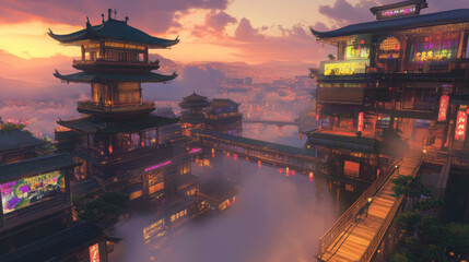 Asian Cityscape Sunset.