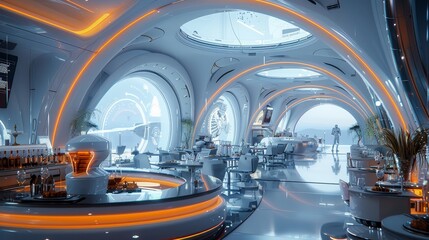 Fototapeta premium Futuristic bar with glowing lights and futuristic furniture.