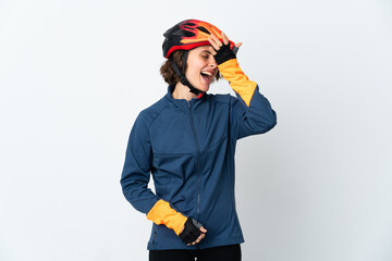 Young English cyclist woman isolated on white background has realized something and intending the solution