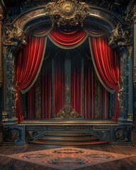 Fototapeta premium Ornate stage with red velvet curtains, ornate details and a wooden floor. A perfect setting for a theatrical performance.