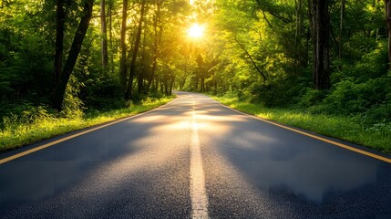 Obraz premium A winding road through a lush forest with the sun shining brightly in the distance.