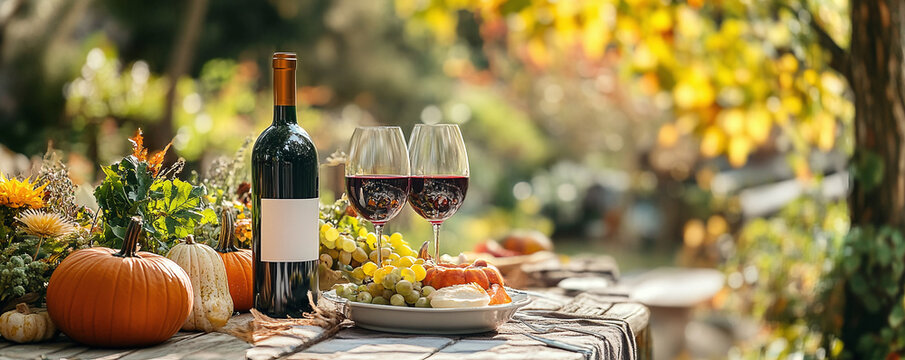 Fall table decoration with pumpkins, wine. Family thanksgiving dinner arrangement outdoors in the garden. Countryside style, simple handmade setting, autumn mood banner
