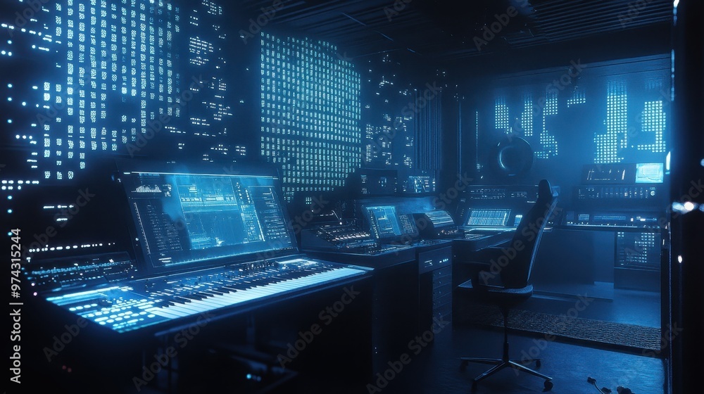 Poster futuristic control room with advanced technology and data display
