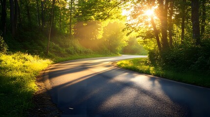 Obraz premium A winding asphalt road through a lush forest at sunset. The sun shines through the trees, casting long shadows on the road.