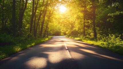 Obraz premium A winding road through a lush forest, bathed in the golden light of the setting sun.