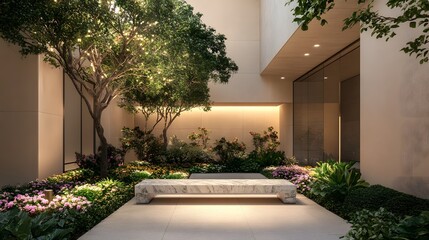 Fototapeta premium A serene courtyard with a white marble bench, lush greenery, and soft lighting.