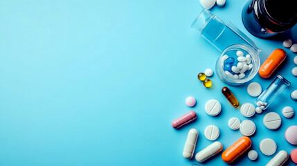 Tablets in pharmacy on a blue background. World Pharmacist day. Pills, capsules, medicine bottles on a table in drugstore. Horizontal banner. Free space for text. Health, illnesses, diseases concept