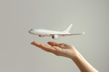 Model airplane in hand on solid color background, concept of travel planning, immigration, relocation, moving.