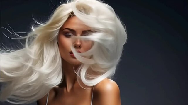 Young woman with long blonde hair moving on dark background. Glossy wavy white hair.