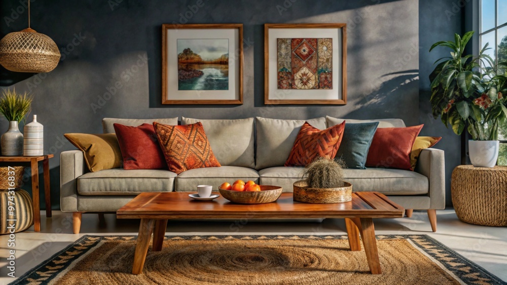 Wall mural Rustic coffee table near white sofa with brown pillows against wall with two poster frames. Boho ethnic home interior design of modern living room.
