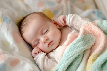 Close-up of a newborn baby sleeping soundly, enveloped in a soft, pastel-colored blanket, capturing the innocence and tranquility of infancy