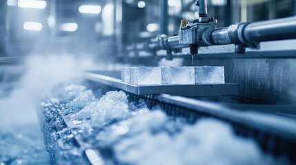 Automated Ice Cube Production Line with Modern Machinery Creating and Distributing Blocks of Ice