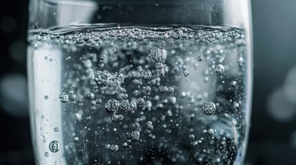 Close-up Macro Shot of Effervescent Tablet Bubbles Rising in Glass of Water