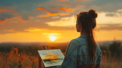 Fototapeta premium Woman Artist Painting Sunset Landscape with Watercolor
