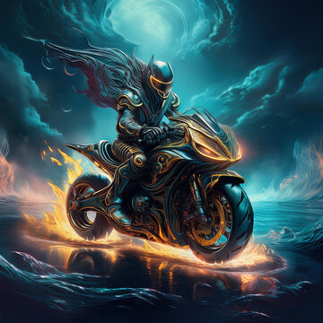 Motorista fantasma dejando rastro de fuego sobre el mar. Caballero medieval con casco de guerrero en moto atravesando la tormenta en la noche, cielo cubierto de nubes