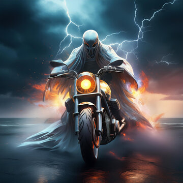 Motorista fantasma en la tormenta. Cielo cubierto de nubes y relámpagos