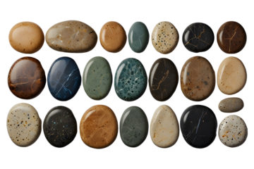 Collection of Water River Stones or Spa Stones in Various Types and Shapes, Isolated on transparent Background – Round Rock Shapes.