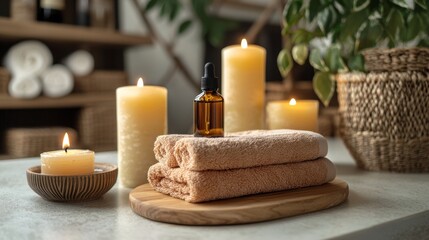 Spa Relaxation with Essential Oil  Candles  and Towels