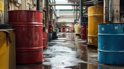 Industrial Setting With Large Barrels In A Wet Warehouse, Featuring Red, Blue, And Yellow Barrels