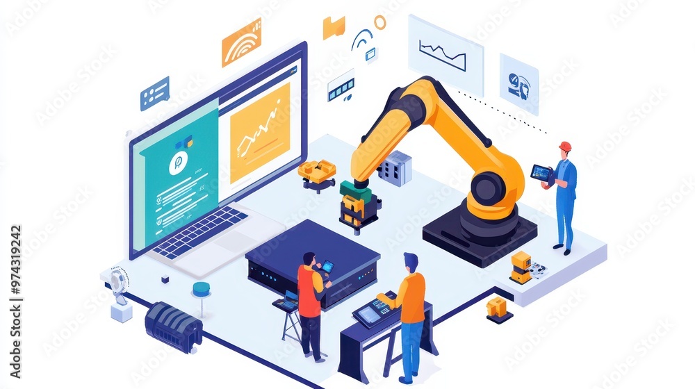 Poster automated factory robotics and technology illustration