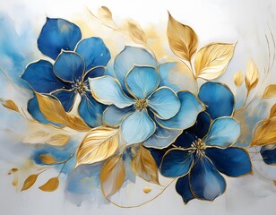 abstract floral oil painting gold and blue hydrangea flower on white background