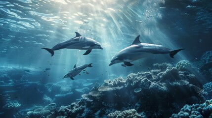 Fototapeta premium Three dolphins swimming underwater among bright coral reefs and sun rays.