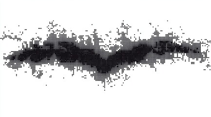 Abstract black and white digital illustration of map made from lines, dots, and particles on a white background. 