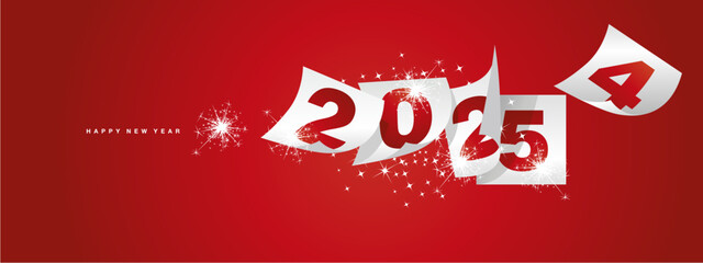 Happy new year 2025 and the end of 2024. Winter holiday greeting card design template on red background. New year 2025 and the end of 2024 on white calendar sheets and sparkle firework
