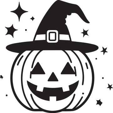 recommend clip art: Cute Jack o lantern with witch hat vector linear black