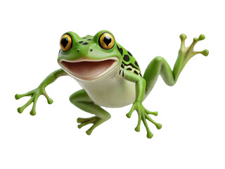 Obraz premium A playful image of a small frog its bright green skin contrasting with its stark white background as it leaps into the air with a mischievous grin 1