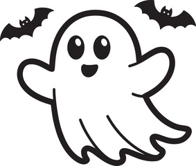 Cute Halloween Ghost outline Vector illustration on white Background.