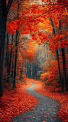 Enchanting Fall Scenery: Colorful Forest Path with Autumn Leaves and Vibrant Trees in Red and Orange Hues