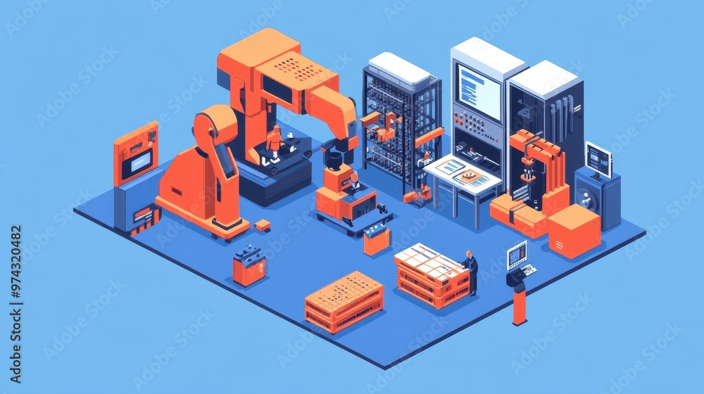 Poster modern automated factory: robots, machinery, and efficiency in isometric design