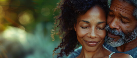 Senior middle aged African American couple embracing hugging outdoors. Tender Moment in a Loving Long-term Monogamous Marriage Relationship, Showcasing Affection and Deep Connection Between Partners