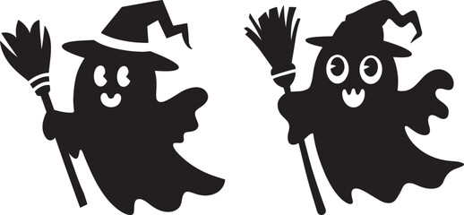Cute Halloween Ghost Silhouette Vector Icon illustration on white Background.
