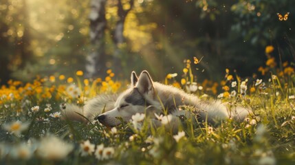 A peaceful wolf rests in a field of flowers under soft sunlight. Nature shines with vibrant colors and calm energy.