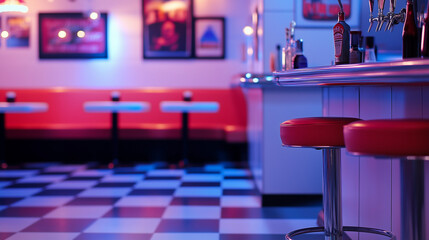 Vibrant retro diner interior checkered floor red seating bar stools neon lighting vintage americana aesthetic 50s atmosphere nostalgic stylish classic pop culture timeless photography