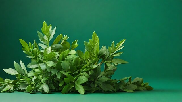 Fesh sprig of green ruskus with green leaves on a green color background with copy space 