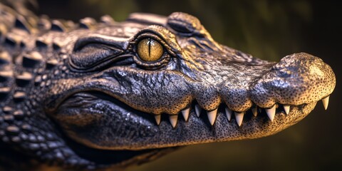Fototapeta premium Highly detailed macro shot of a crocodile's head with a rugged texture and reflective eyes