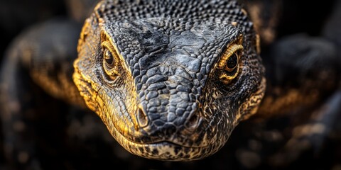 Obraz premium Macro shot of a monitor lizard with sharp details of scales and deep black eyes in a focused reptilian portrait